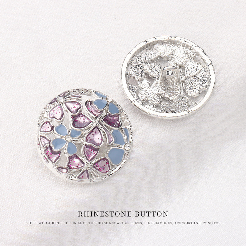 Silver round shank button back, metallic loop shank with rhinestone floral