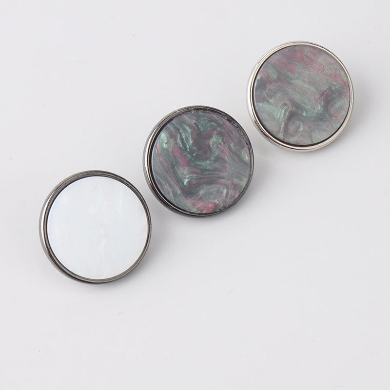 Assorted round flat resin shank buttons: pearly white and multicolor marbled fronts, 2-hole