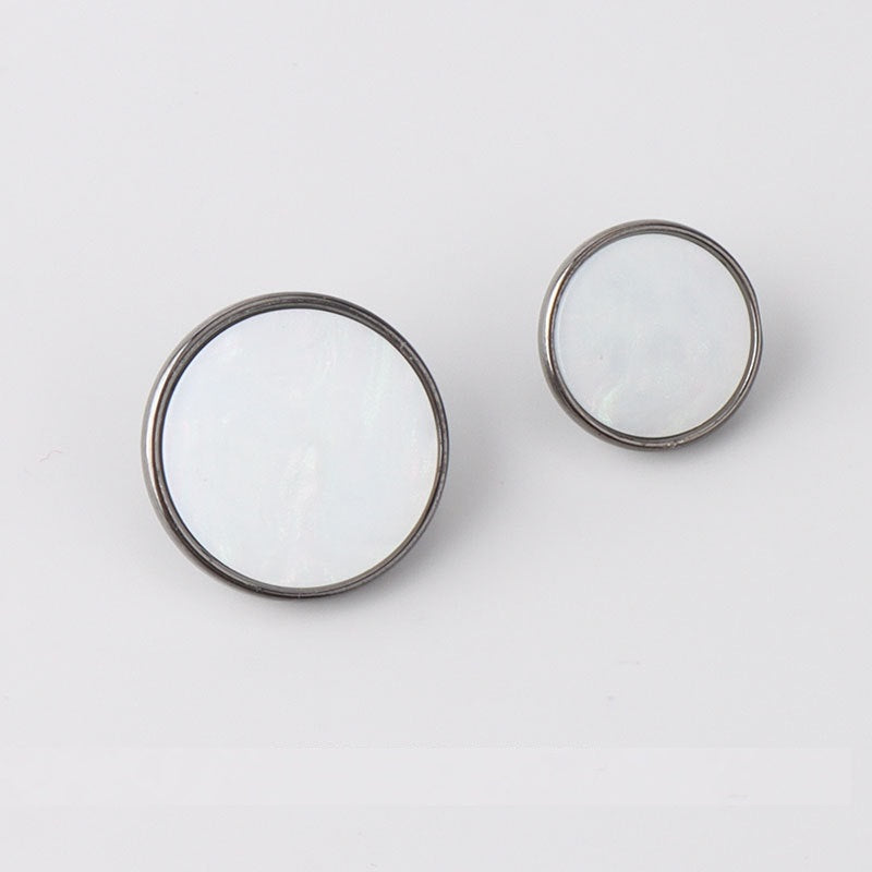 Round flat resin shank buttons, pearly white fronts, metal edge, 2-hole