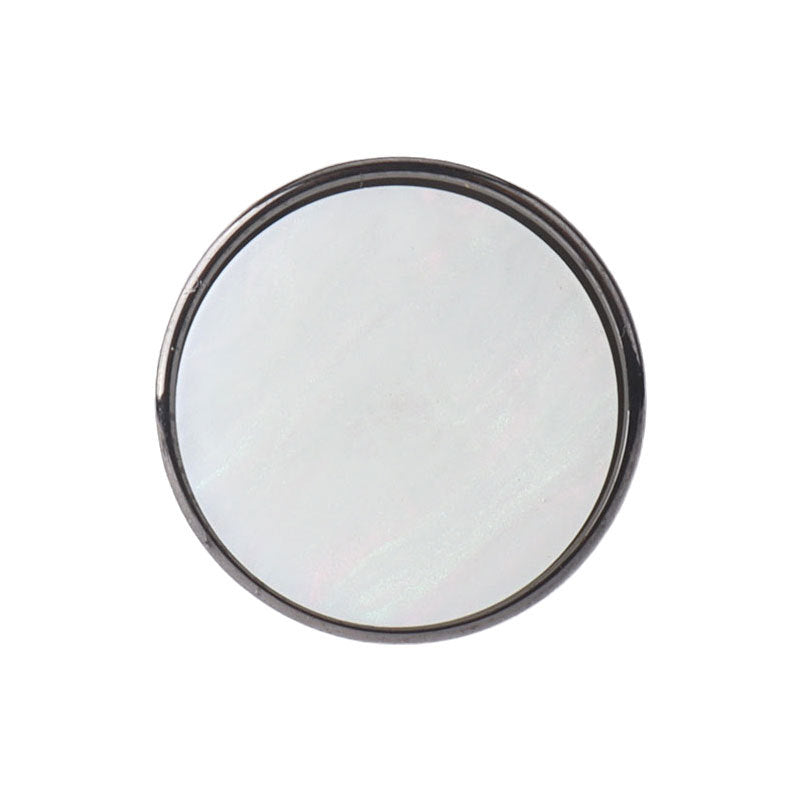 Round flat resin shank button, pearly white front, dark metal edge, 2-hole