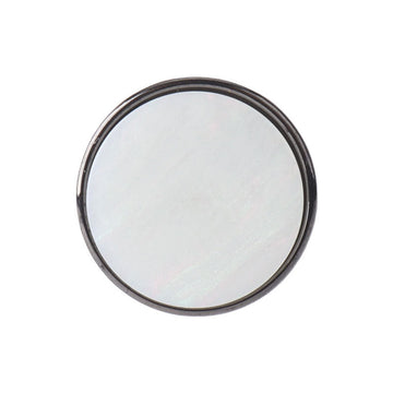 Round flat resin shank button, pearly white front, dark metal edge, 2-hole
