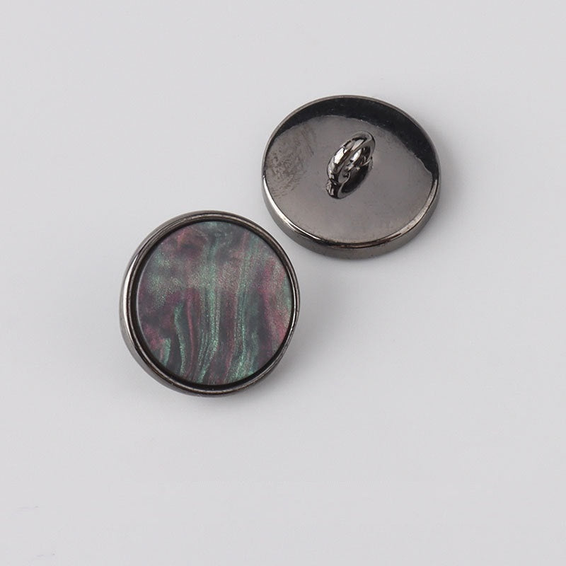 Gunmetal-tone flat resin shank buttons, dark marbled front, 2-hole, 15–20mm