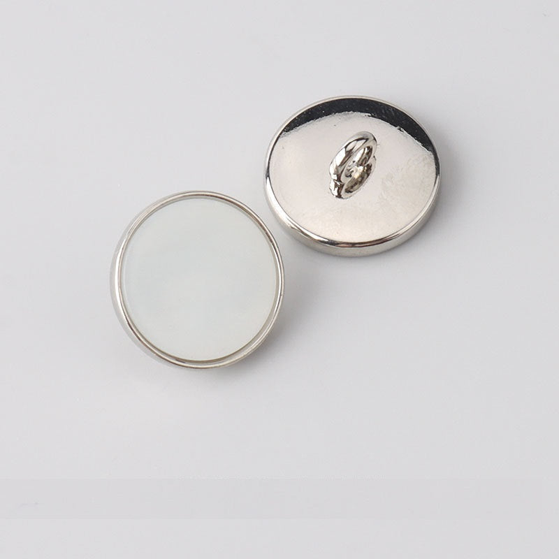 Silver-tone flat resin shank buttons, pearly white front, 2-hole, 15–20mm