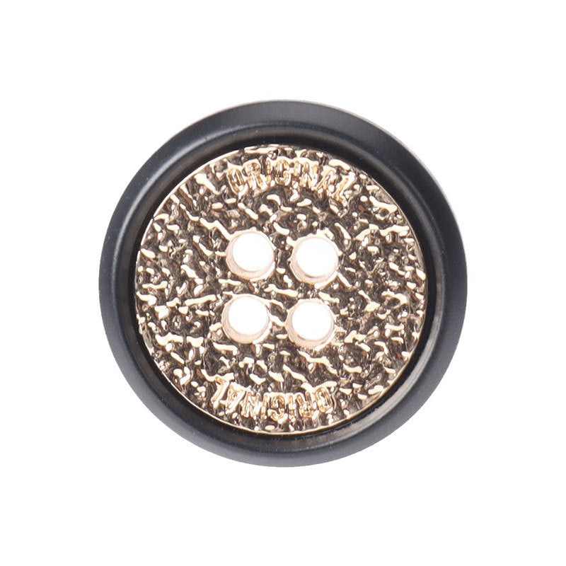Resin metal four-hole button, black rim with gold speckled face