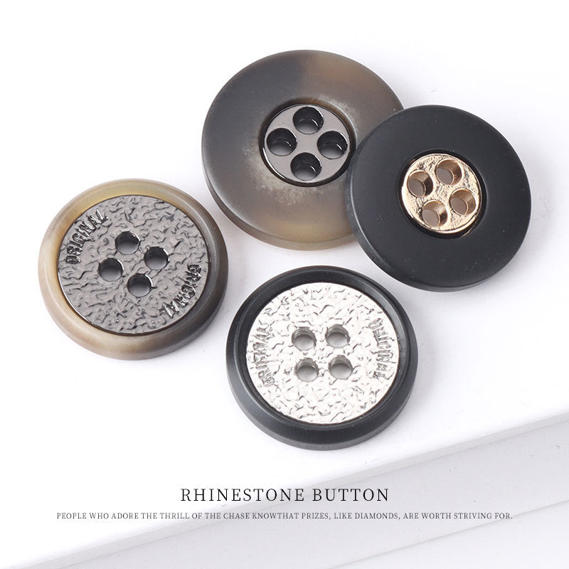 Four-hole resin metal buttons set, two-tone fronts and sew-on backs visible