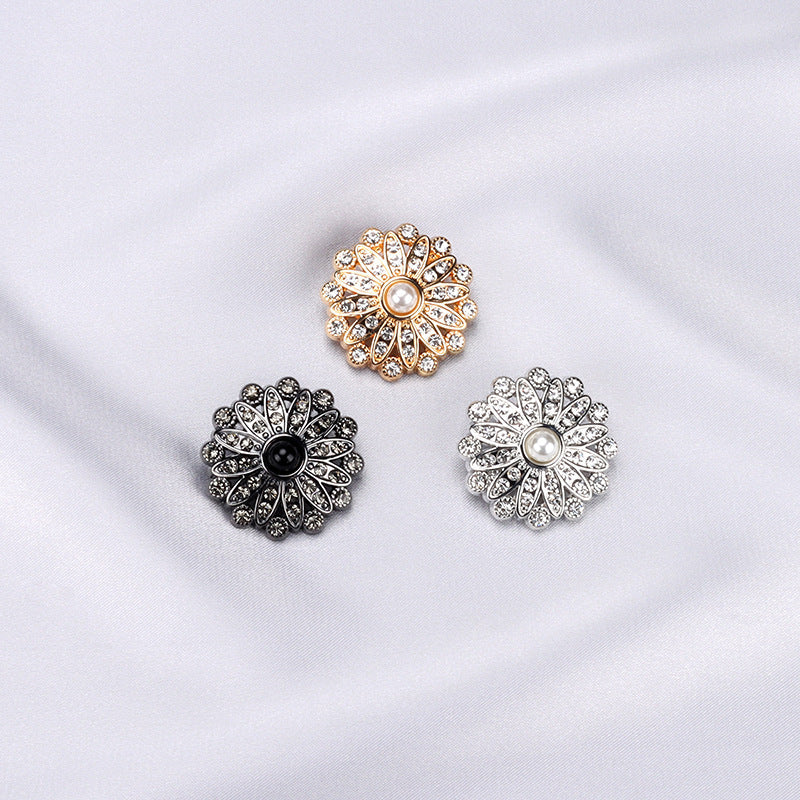 Three sunflower rhinestone pearl buttons: gold, gunmetal-black, and silver