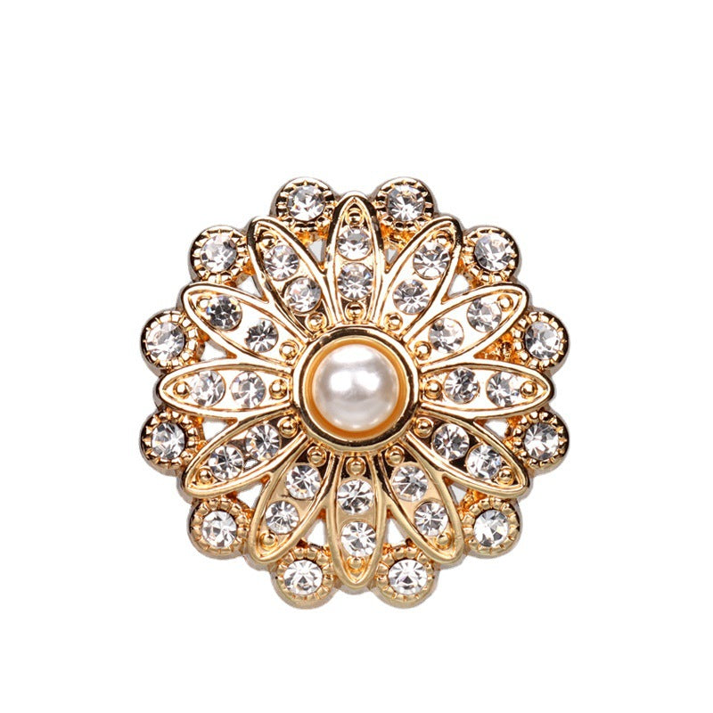 Sunflower rhinestone pearl button, gold tone with central white pearl