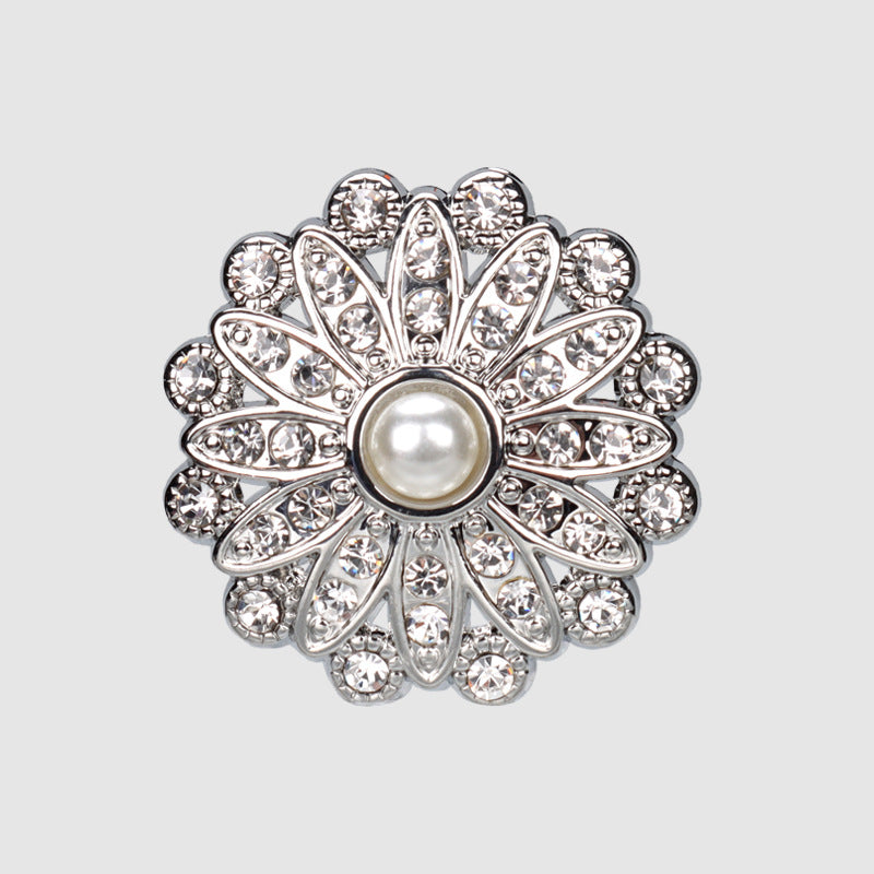 Sunflower rhinestone pearl button in silver tone with white pearl center