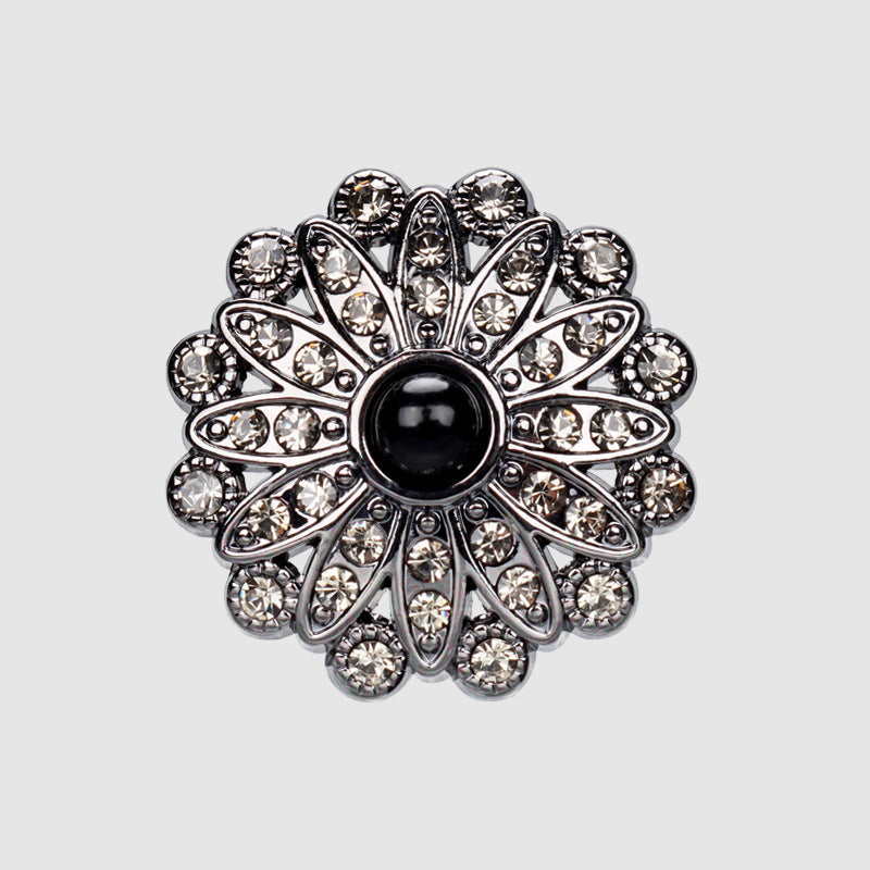 Sunflower rhinestone pearl button, dark gunmetal tone with black pearl center