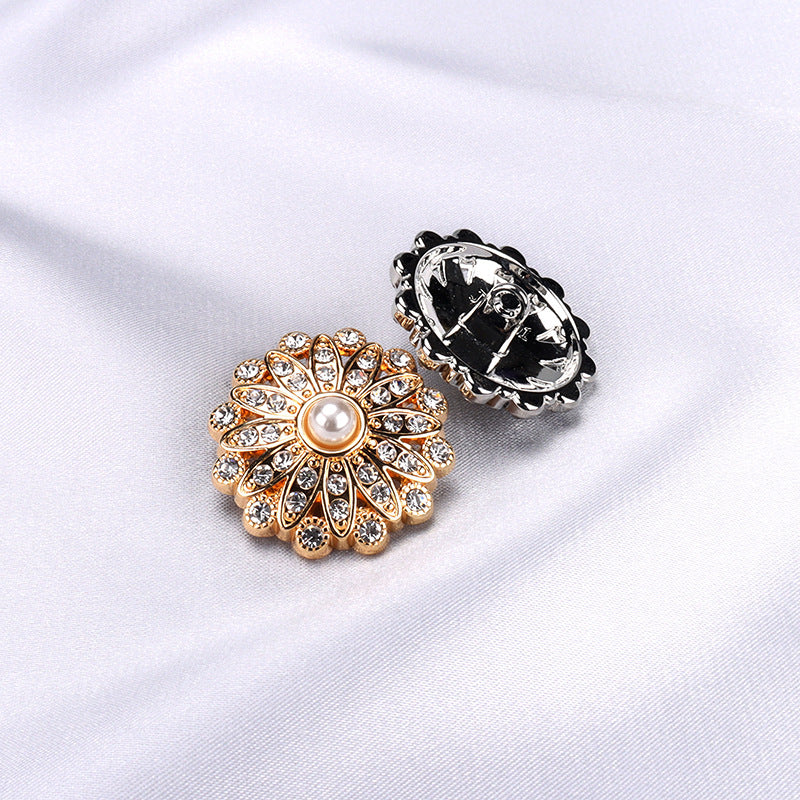 Pair of sunflower rhinestone pearl buttons: gold and dark silver tones