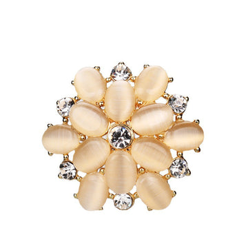 Gold metal rhinestone crystal button, 27mm, oval opal-like stones, round clear center