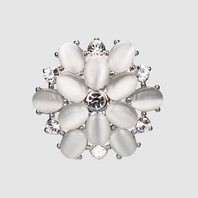 Silver 27mm crystal rhinestone button with oval opal-like stones and round clear center gem