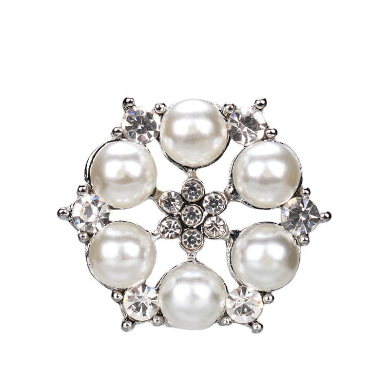 28mm silver-tone button with pearl center, rhinestone halos, and 8 gem accents