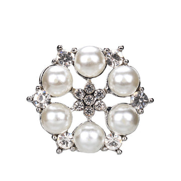 28mm silver-tone button with pearl center, rhinestone halos, and 8 gem accents