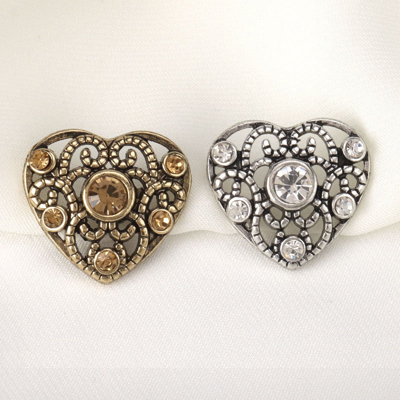 Heart-shaped rhinestone metal buttons, gold and silver fronts with filigree detail