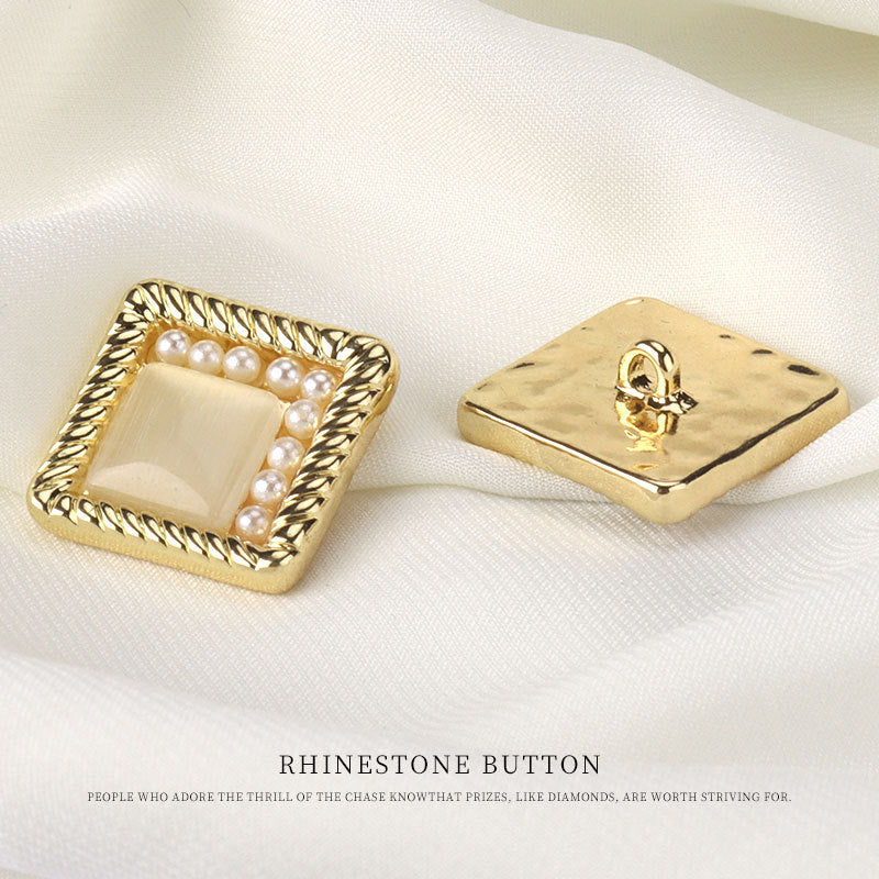 Golden square metal button back with pin, pearl border detail