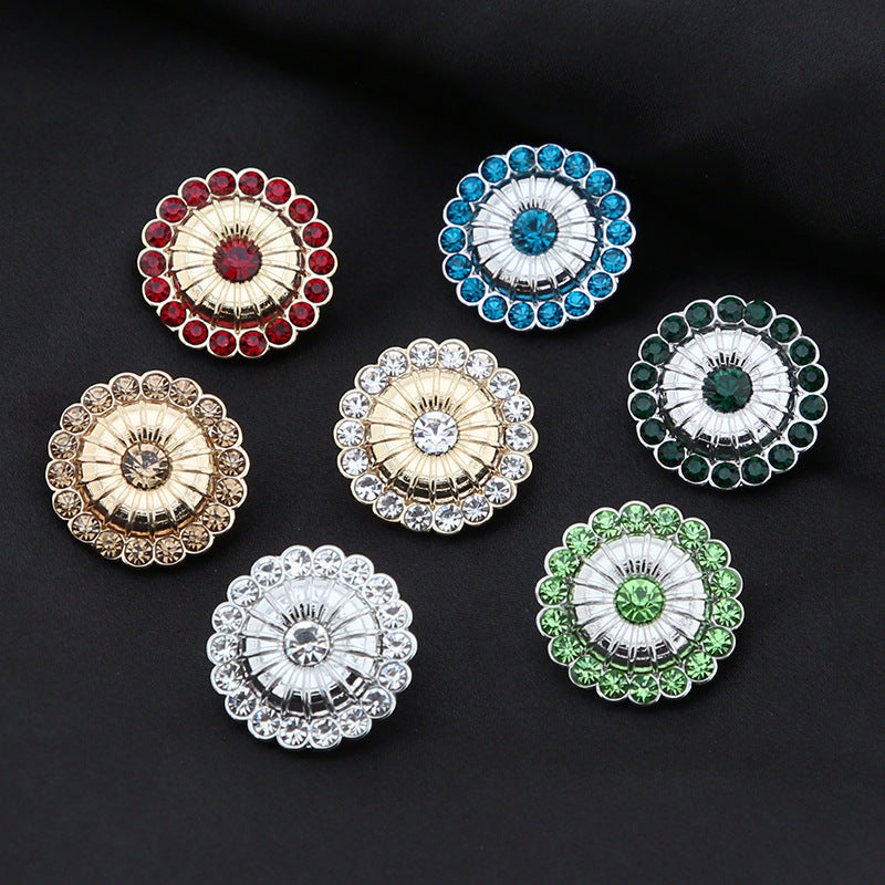 Set runder Windrad-Zierknöpfe mit Strass: rot, blau, grün und silber/goldfarben, je 6er