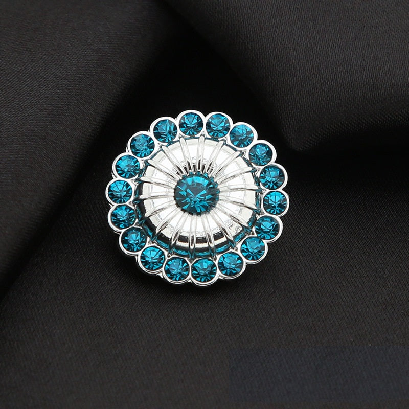 Runder Windrad-Zierknopf mit blauen Strasssteinen, silberfarbenes Metall, Schlaufe