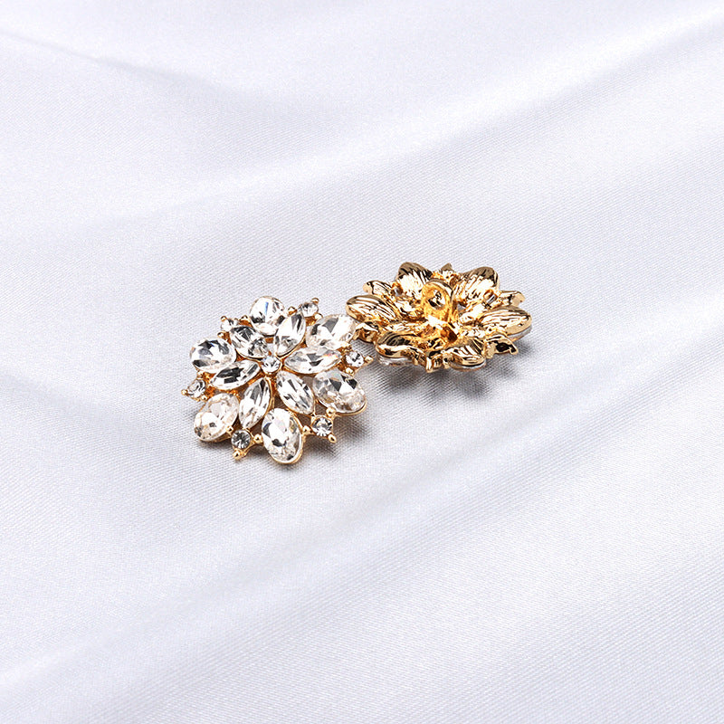 Gold floral rhinestone hollow metal buttons, 20mm, ornate crystal flower pair