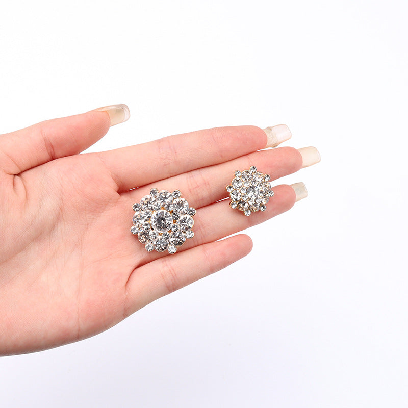 Rhinestone metal shank buttons, silver-tone with clear round stones (2 pcs)