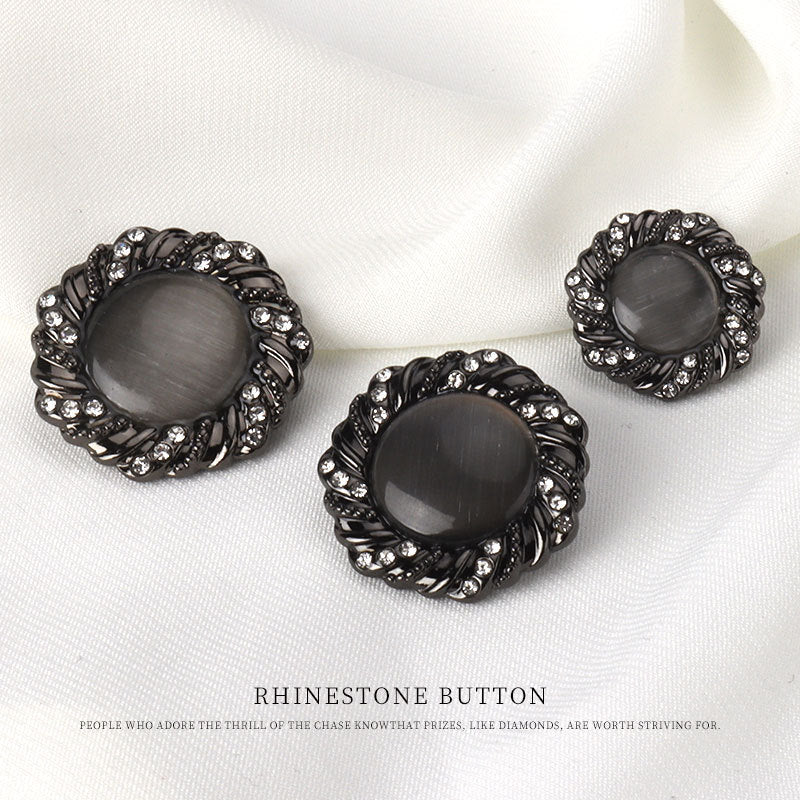 Black round cat’s-eye button set, three rhinestone metal buttons with shanks