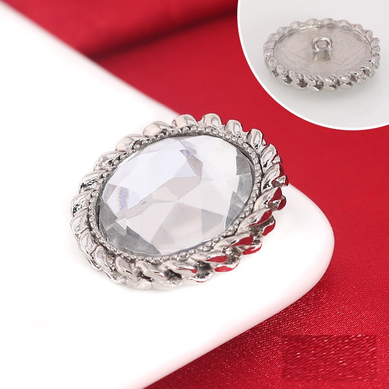 Silver rhinestone shank button: round crystal front and metal loop back shown.