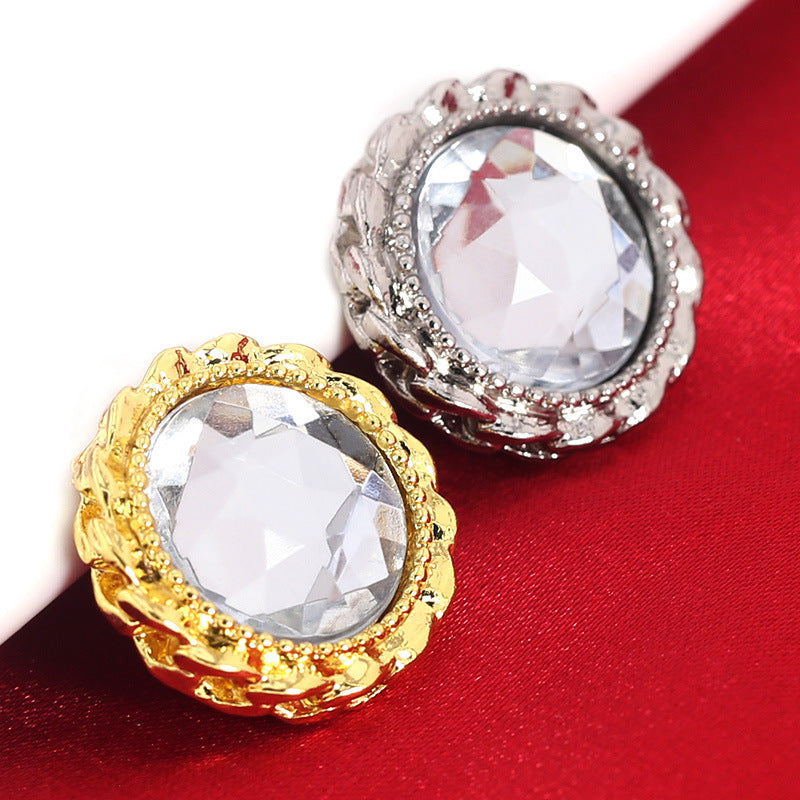 Gold & silver metal rhinestone shank buttons, round crystal fronts with ornate edges.