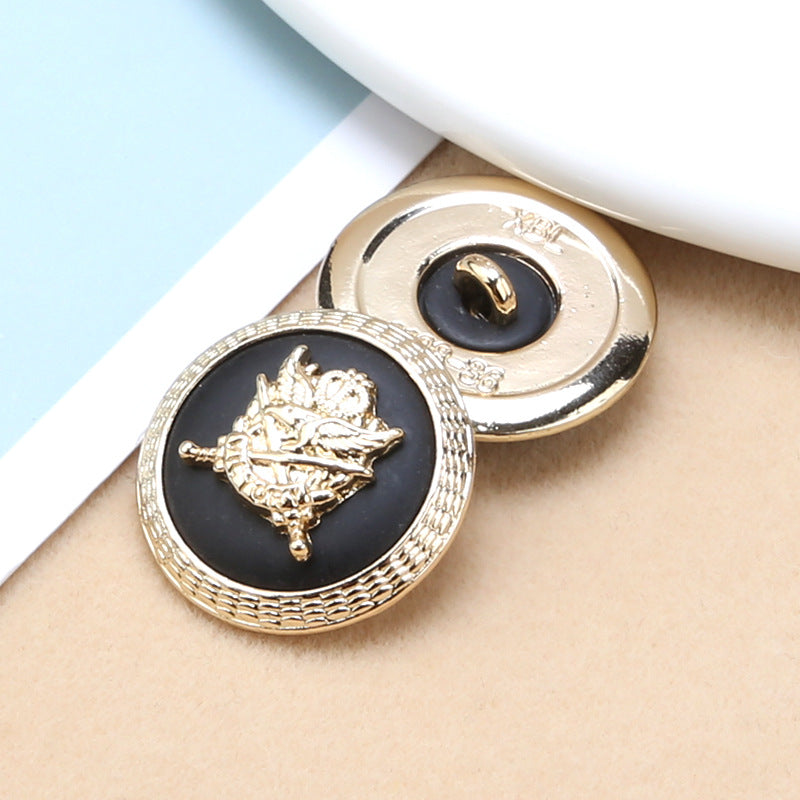 Round resin buttons with gold shank: black centers with gold anchor-shield, shiny gold frame