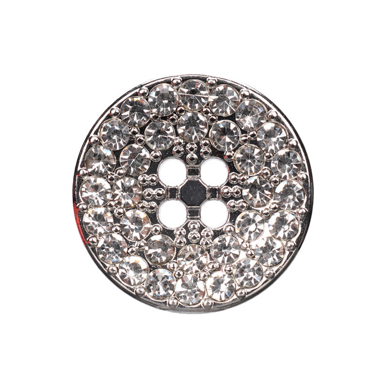 Round silver four-hole rhinestone button with clear stones and bright metal rim