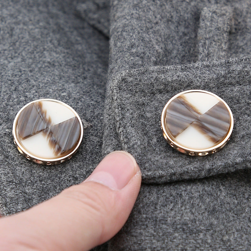 Fan-shaped two-tone resin buttons in dark gray and light gray, metal shank