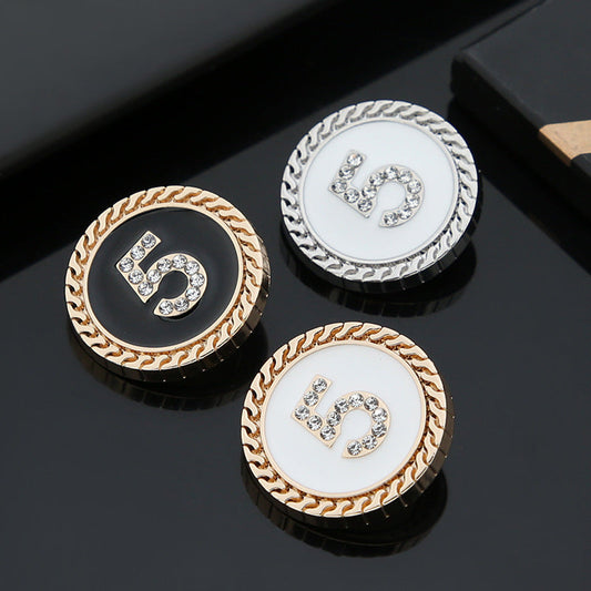 Number 5 round shank buttons: gold on dark, silver on white, and gold on white (3)