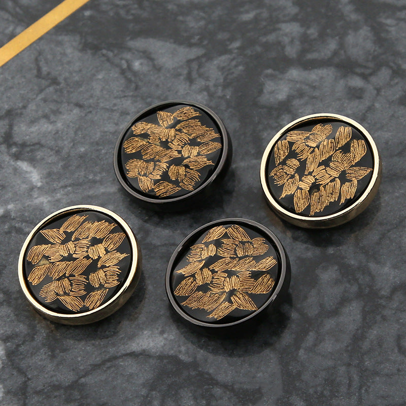 20mm round black buttons with gold floral motif, metal edge visible, multiple pieces