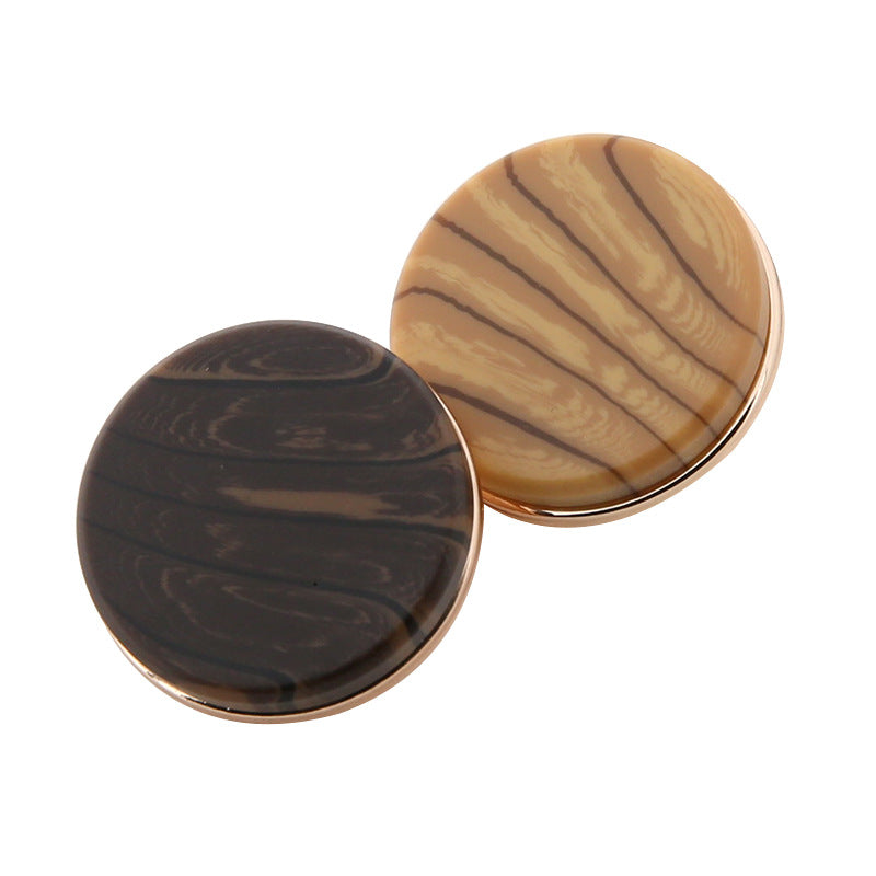 Round resin metal shank buttons, dark brown and beige striped, gold rim