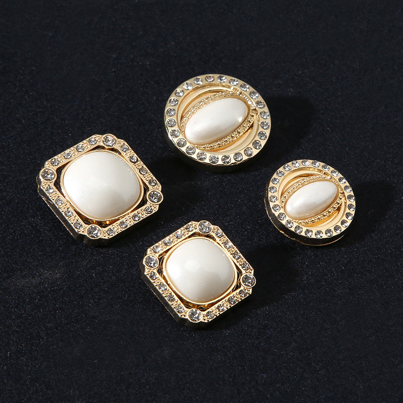 Mixed gold-tone shank buttons: pearl-look centers with rhinestone trim (round and square)