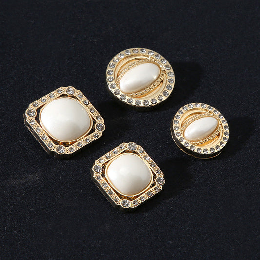 18/21mm Square Round Golden Metal Shank Buttons with Rhinestones Pearl 10pcs