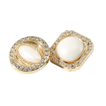 Gold-tone metal shank buttons: round and square, rhinestone borders, pearl-look center