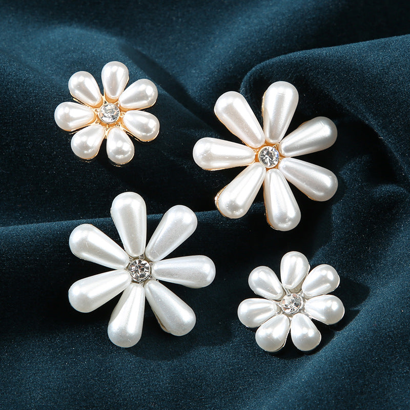 White pearl floral buttons with crystal centers, silver-tone metal base, set of 4