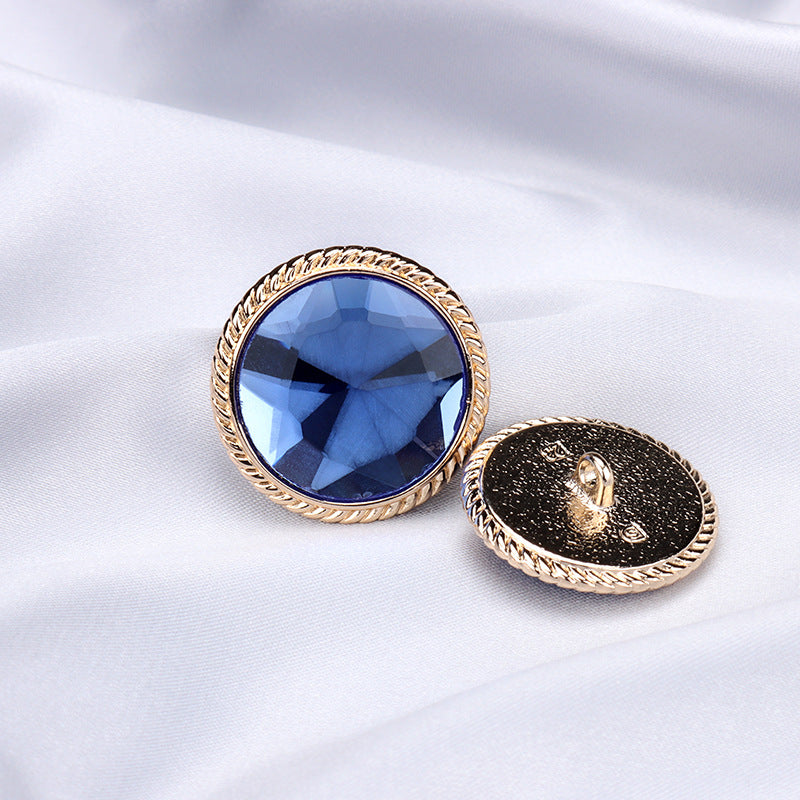 Blue glass shank button set: round front with gold frame and matching back piece