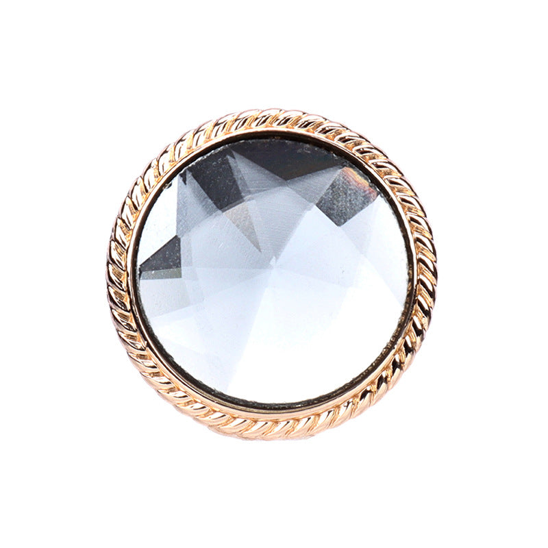 Colored glass button with gold metal shank, white faceted center, round 25mm