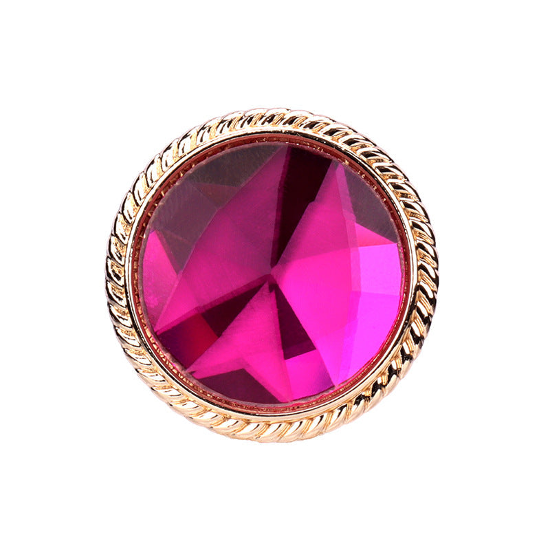 Colored glass button with gold metal shank, rose red faceted center, round 25mm