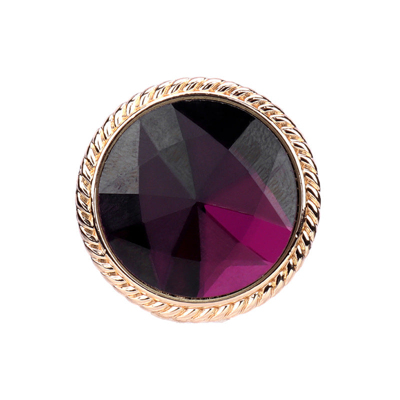 Colored glass button with gold metal shank, purple red faceted center, round 25mm
