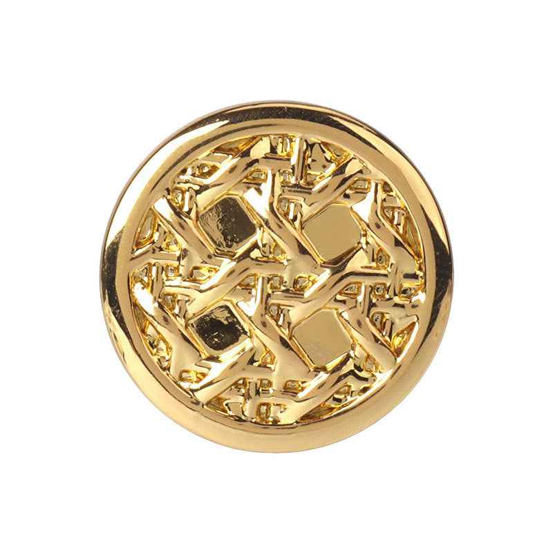 Round gold-tone suit button with shank, textured mosaic pattern, front view