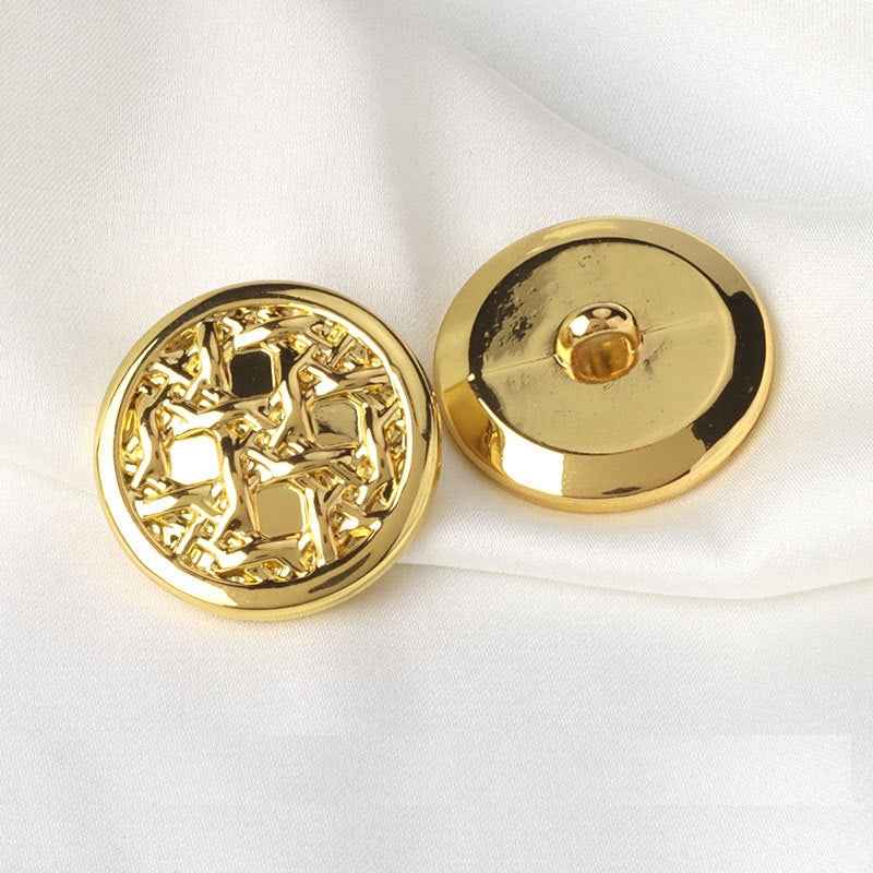 Round gold-tone suit button with shank, reverse side with metal loop stud