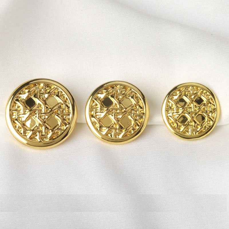 Set of three round gold-tone suit buttons with shanks, textured front pattern