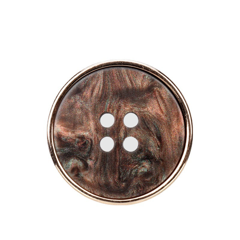 Round four-hole button, bronze-brown marbled resin with gold-tone metal rim