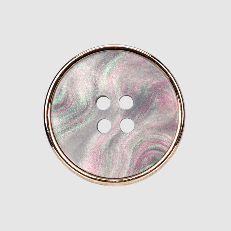 Round four-hole button, silvery pink marbled resin face with gold-tone metal rim
