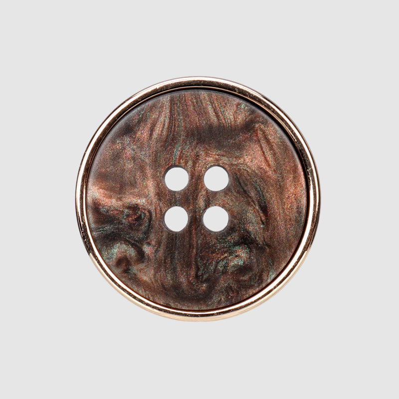 Round four-hole button, brown and teal marbled resin face with gold-tone metal rim