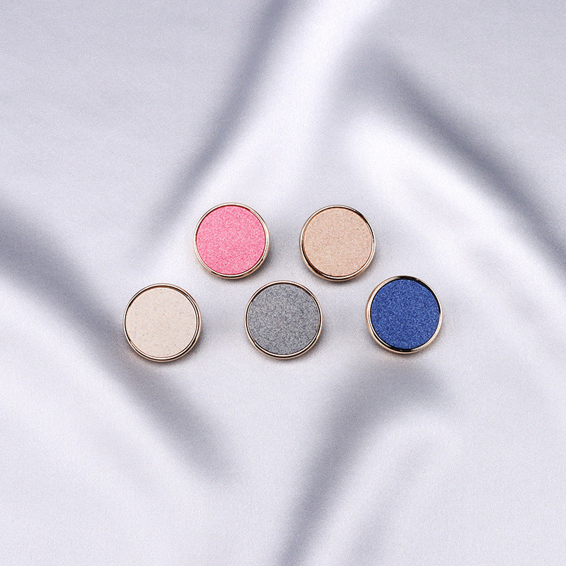Assorted round recycled resin buttons with metal bases: pink, beige, gray, blue