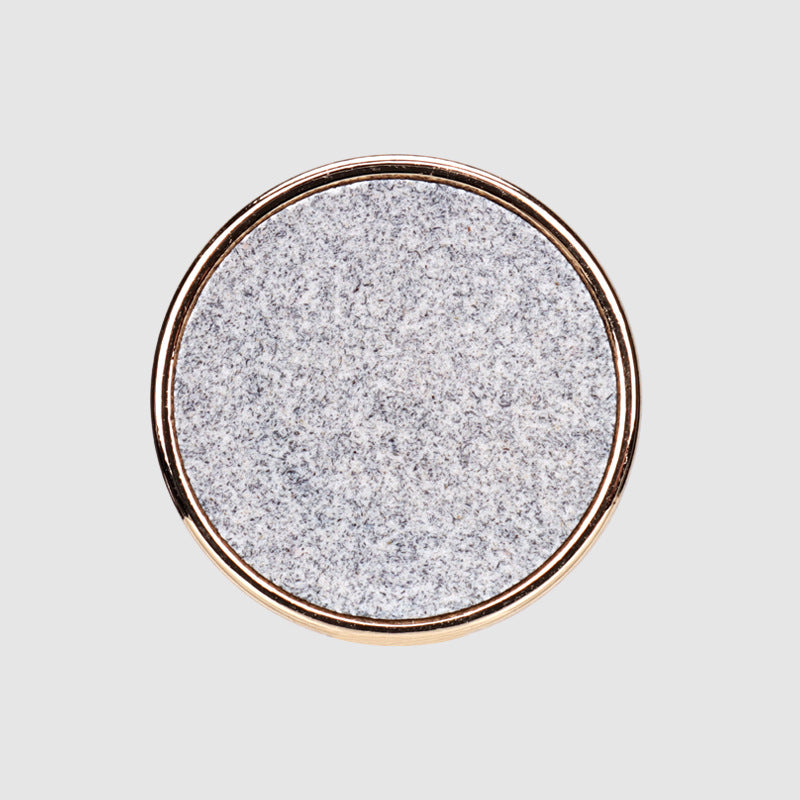 Gray round recycled resin button with metal base, 15–25 mm diameter