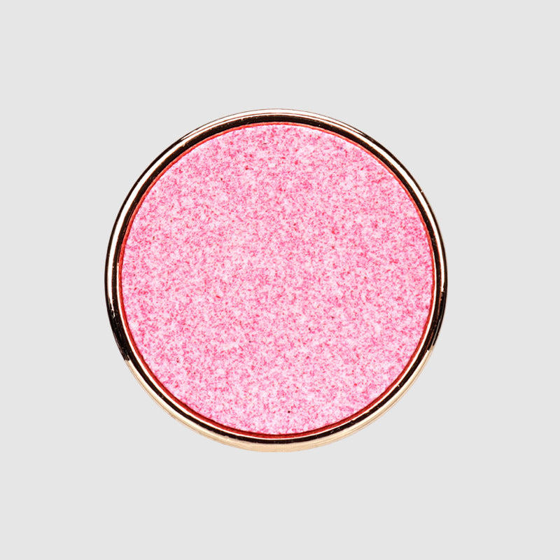 Pink round recycled resin button with metal base, speckled texture